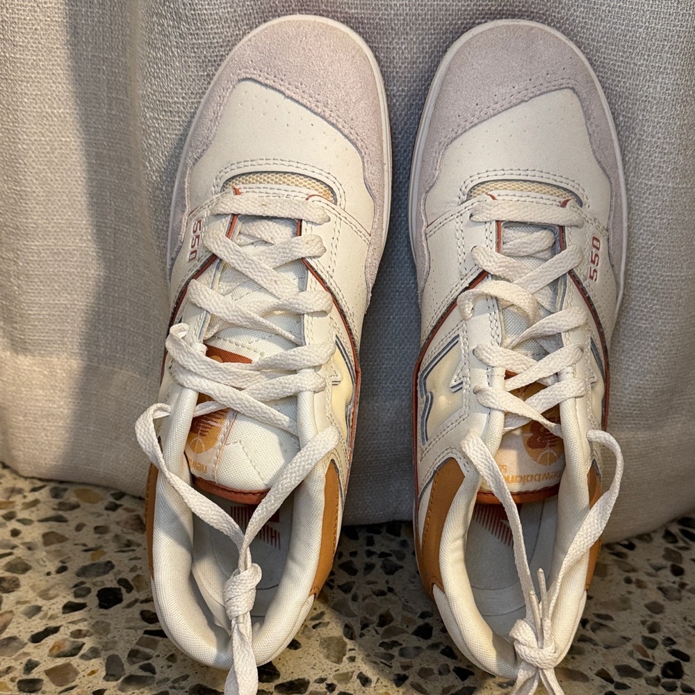 New Balance White and Tan Sneakers
